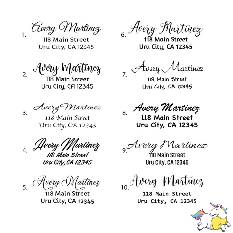 May include: Ten address labels with the name Avery Martinez, the address 118 Main Street, Uru City, CA 12345, and a number from 1 to 10. The labels are printed on white paper with black ink.