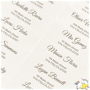 May include: A set of ten white rectangular place cards with brown cursive text. Each card has a name and address, including a street name, city, and state. The names include Charlotte Rivera, Lucas Hicks, Simmons, Oliver W, Mia Gomez, Mason Flores, and Logan Bennett.
