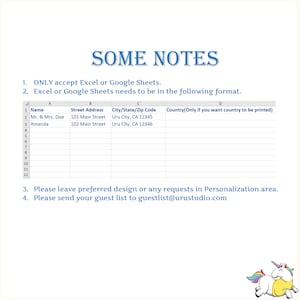 May include: A white sheet with blue text that says "SOME NOTES" and lists instructions for submitting a guest list for an event. The instructions include accepting only Excel or Google Sheets in a specific format. The sheet also includes a sample table with columns for name, street address, city/state/zip code, and country.