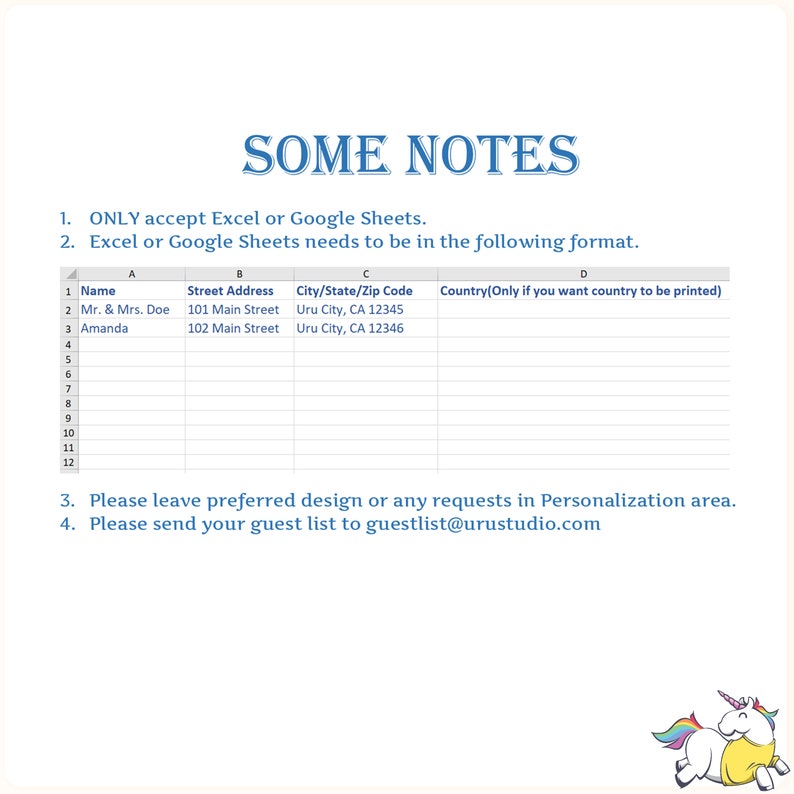 May include: A white sheet with blue text that says "SOME NOTES" and lists instructions for submitting a guest list for an event. The instructions include accepting only Excel or Google Sheets in a specific format. The sheet also includes a sample table with columns for name, street address, city/state/zip code, and country.