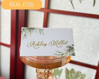 Tarjeta de lugar de mesa para bodas de eucalipto con lámina real de 3,5 x 2 pulgadas (plegada), tarjeta de lugar de mesa física, perfecta para bodas, cenas, banquetes