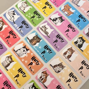 Personalized School Stickers and Labels - Cute Cat Waterproof Name Stickers for Daycare, Kids Camp, Back to School, Custom Name Labels