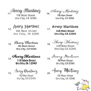 May include: A set of 10 address labels with the name Avery Martinez and the address 118 Main Street, Uru City, CA 12345. The labels are numbered 11 through 20.