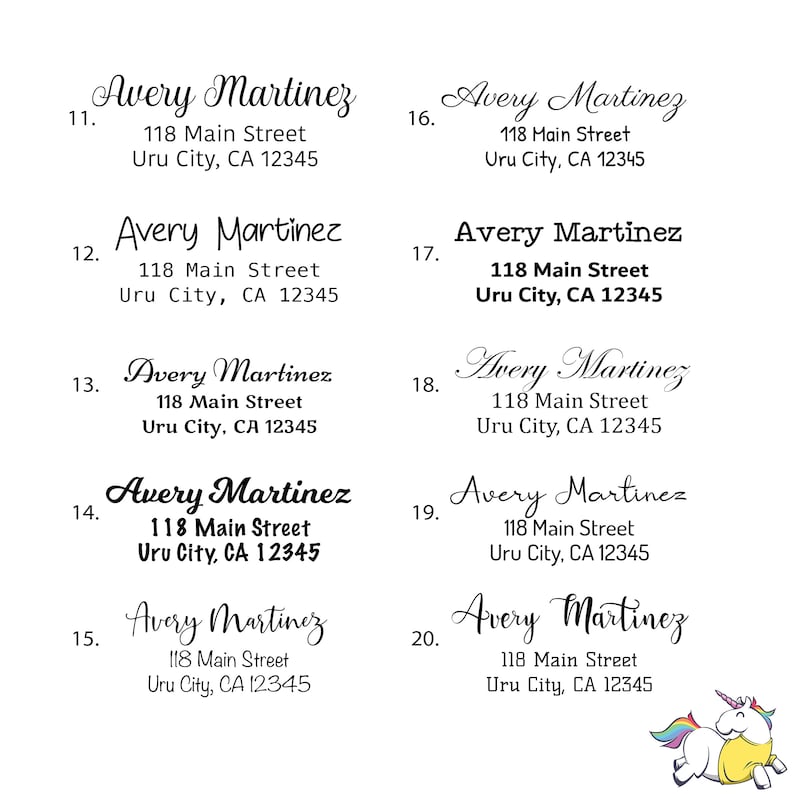May include: A set of 10 address labels with the name Avery Martinez and the address 118 Main Street, Uru City, CA 12345. The labels are numbered 11 through 20.