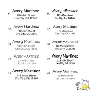 May include: A sheet of address labels with the name Avery Martinez and the address 118 Main Street, Uru City, CA 12345 repeated ten times. The labels are numbered 31 through 40.