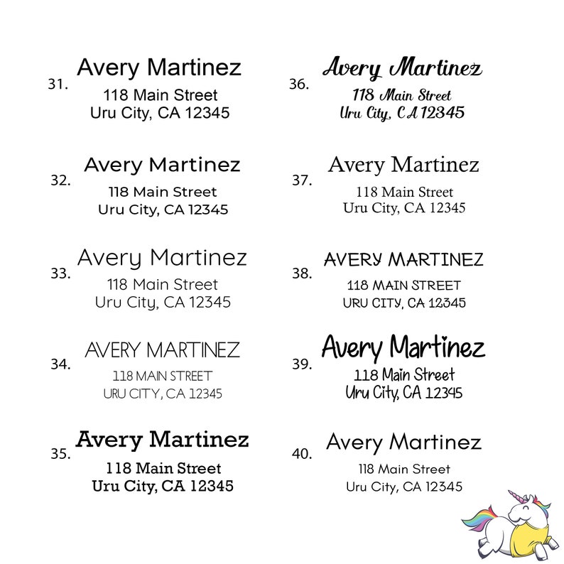 May include: A sheet of address labels with the name Avery Martinez and the address 118 Main Street, Uru City, CA 12345 repeated ten times. The labels are numbered 31 through 40.