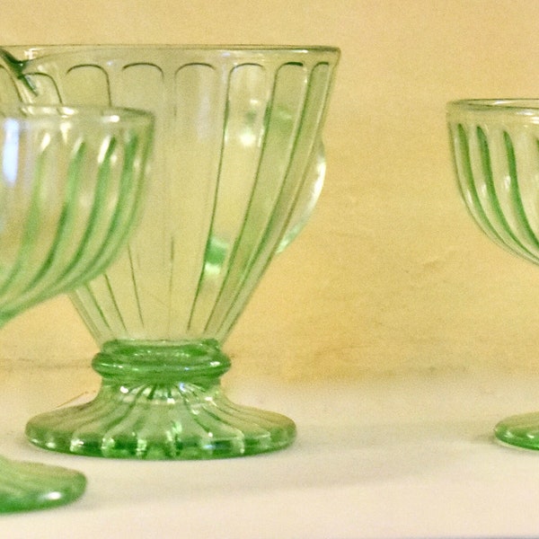Set of 3 green depression glass dessert bowls and creamer, green depression glass, green glassware, green glass bowls, depression glass
