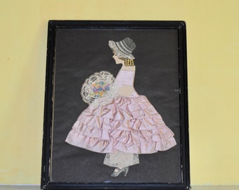 Framed Ribbon Paper Doll, framed paper doll, framed paper doll art, vintage art