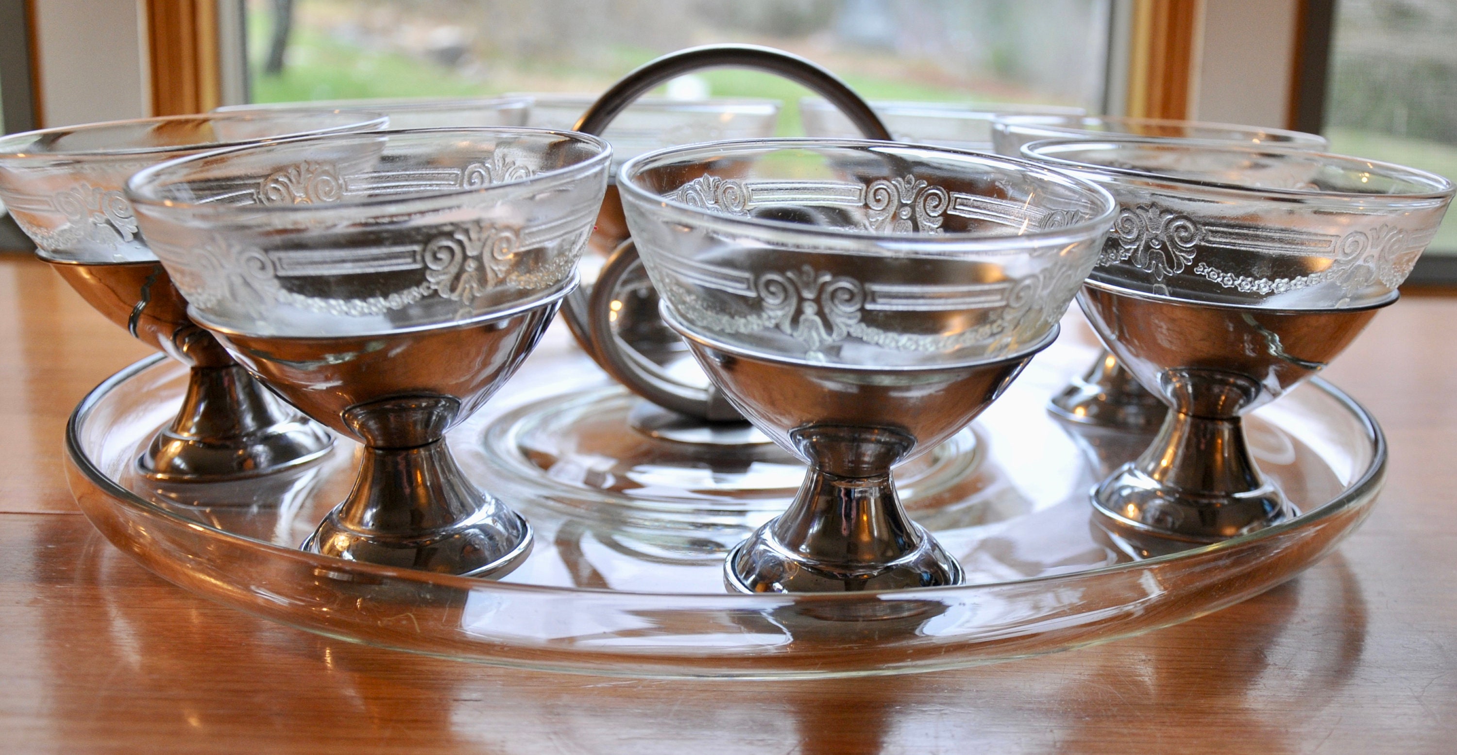 Ice Cream social serving set Ice cream bowls with serving platter Antique Glass Serving Tray with 8 chrome and glass ice cream bowls