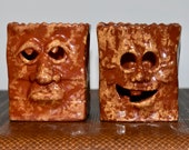 Vintage Ceramic Paper Bag Jack O&#39;Lantern Candle Holders, Halloween Decor, Halloween Candle Holders, Terra cotta paper bag candle holder