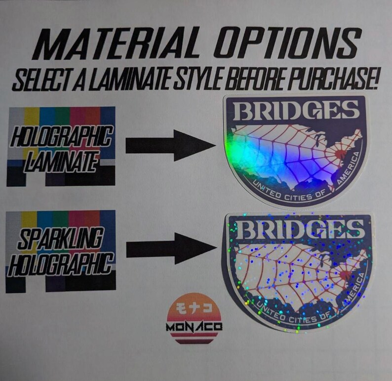 以下が含まれることがあります： ステッカーの素材オプションを示す画像。「素材オプション」と「購入前にラミネートスタイルを選択してください！」というテキストが表示されています。ホログラフィックとスパークリングホログラフィックの2つのラミネートスタイルが示されており、それぞれサンプルステッカーのデザインが施されています。