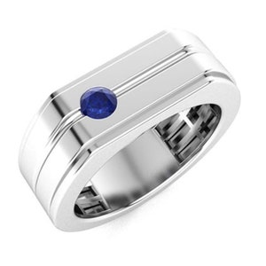 Blue Sapphire Sterling Silver Ring For Him: Art Deco Solitaire