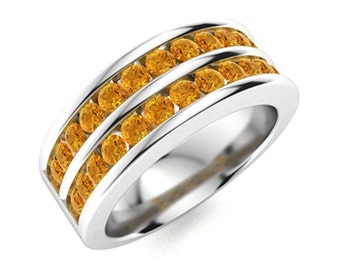 Citrine Gemstone Ring For Him: 925 Sterling Silver Art Deco Wedding Band