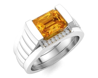 Emerald Cut Citrine Ring For Men: Sterling Silver Art Deco Jewelry
