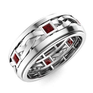 May include: A silver band ring with a woven design and red square gemstones.