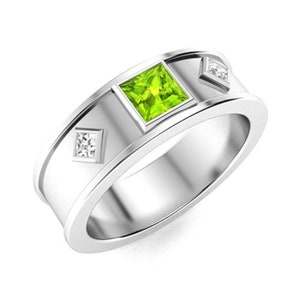 Natural Peridot & White Lab Gemstone Silver Mens Ring, Peridot Engagement Ring For Him, Silver Anniversary Gift For Husband