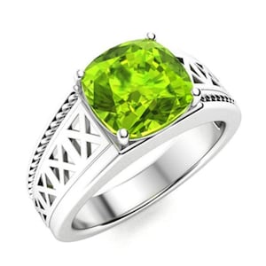 AAA Peridot Men&#39;s Ring: Handmade Art Deco Sterling Silver Wedding Band