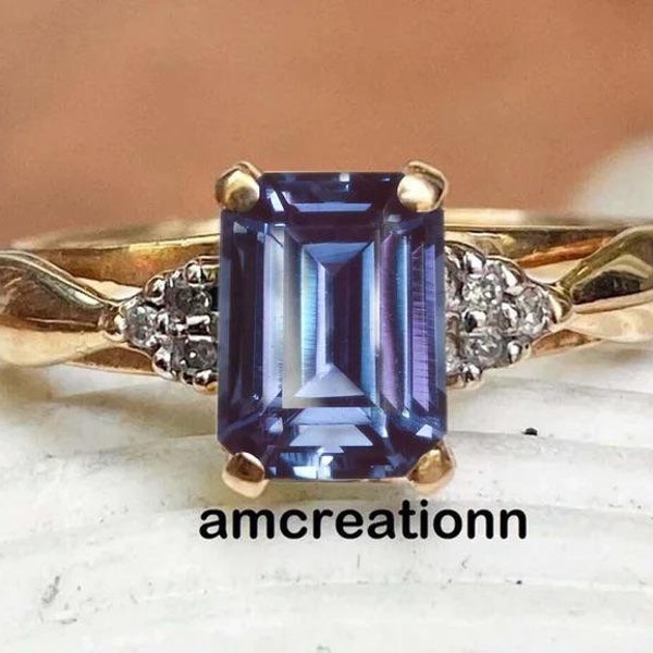 Vintage Alexandrite Engagement Ring 14k Gold Platted Alexandrite Signet Ring Emerald Cut Alexandrite Ring Unisex Ring Statement Ring
