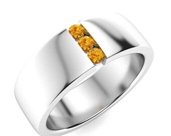 Mens Citrine Ring: Handmade Sterling Silver Three Stone Band