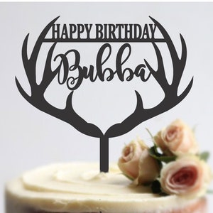 Personalized Rustic Antler Birthday Cake Topper: Stained Wood