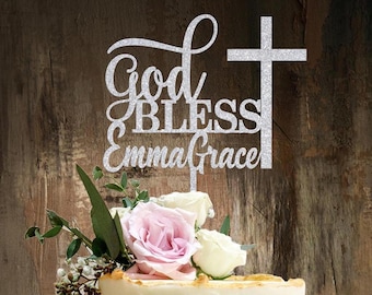 Personalized God Bless Cake Topper: Baptism, Communion, Confirmation