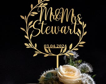 Personalized Wedding Cake Topper: Custom Script Wreath Design