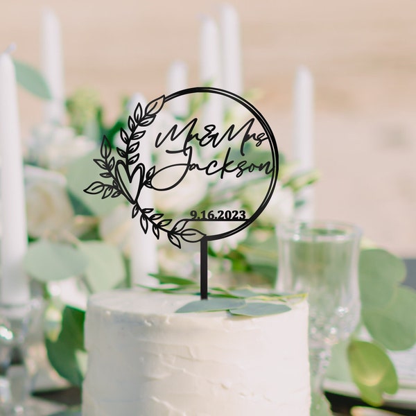 Script Wedding Cake Topper, Minimalist Wedding Cake Topper With Rustic Wreath, Custom Mr Mrs cake topper