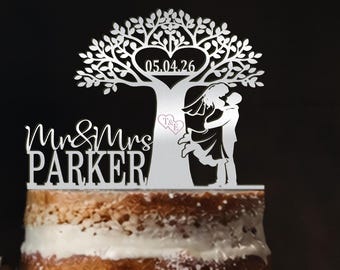 Personalized Wedding Cake Topper • Tree and Couple Silhouette • 6 Inch • Custom Name & Date • Wood or Acrylic
