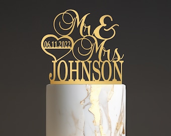 Personalized Wedding Cake Topper with Last Name and Date - Custom Mr and Mrs Cake Topper for Wedding - Gold and Silver Acrylic Cake Decor