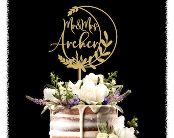 Wedding Cake Toppers – Personalized Celestial Design with Names | Rustic Country Wedding Decor, Crescent Moon