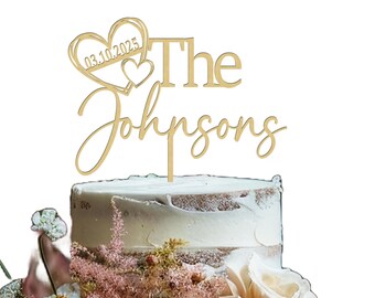 Personalized Double Heart with Date  Cake Topper – Elegant Script & Rustic Charm