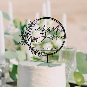 Chic Script Wedding Cake Topper, Minimalist wood Cake Topper w/ Rustic Wreath, Custom Mr Mrs cake topper