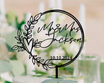 Personalized Rustic  Mr & Mrs Wreath Wedding Cake Topper with Last Name and Date, Custom Wooden Bride Groom Decor