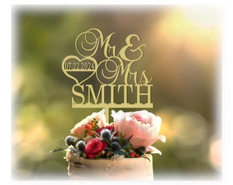 Mr & Mrs Heart Cake Topper: Rustic Wedding Decoration