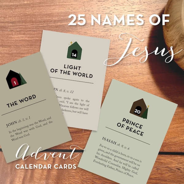 Advent Calendar Cards Digital Print, Set of 25, Instant Download, 25 Names of Jesus