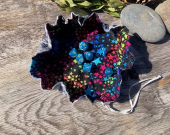 White Moon and Black Rainbow Star Draw String Dice Bag Or Coin Purse With Star Charm