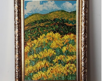 Framed New Mexico Chamisa Landscape Oil Painting Original: Flowering Rabbit Brush Southwest Art 4x6”