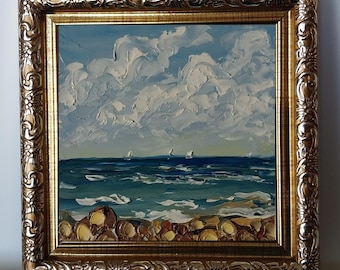 Framed Mini Seascape Oil Painting Original: Cloudy Sky, Rocky Seashore, Sailboats, Impasto Art 4x4”