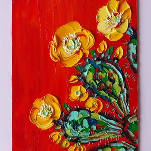 Flowering Prickly Pear Painting Original Opuntia Cactus Art Cactus Oil Painting Blooming Cactus Wall Art Cactus Gift Painting Impasto Art