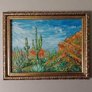Arizona Desert Oil Painting Original Saguaro Cactus Sonoran Desert Mountain Wall Art Southwest Desert Landscape Gift Painting Impasto 6x8 in