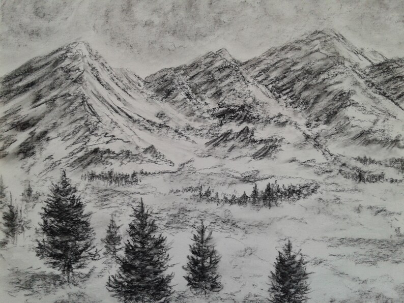 Charcoal Landscape Drawing Original Charcoal Drawing Mountain Landscape Drawing Mountain Pines Charcoal Sketch Original Drawings On Paper Drawing Illustration Art Collectibles Vadel Com