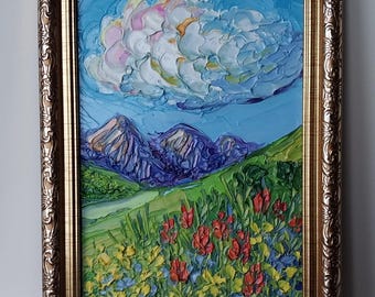 Rocky Mountain Wildflower Landscape Oil Painting Original: Framed Impasto Landscape 5x7"