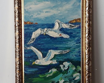Framed Couple Seagulls Oil Painting Original: Sea Birds, Small Seascape, Impasto Art 4x6”