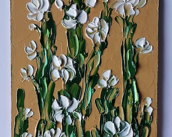 Cactus White Flowers Oil Painting Original: Flowering Cactus, Terracotta Minimalist Art Impasto Canvas