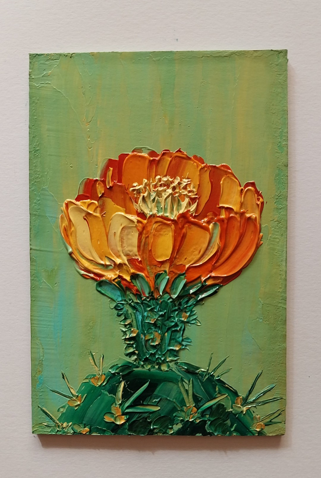 Opuntia Cactus Flower Oil Painting Flowering Cactus Wall Art Prickly Pear Painting Original