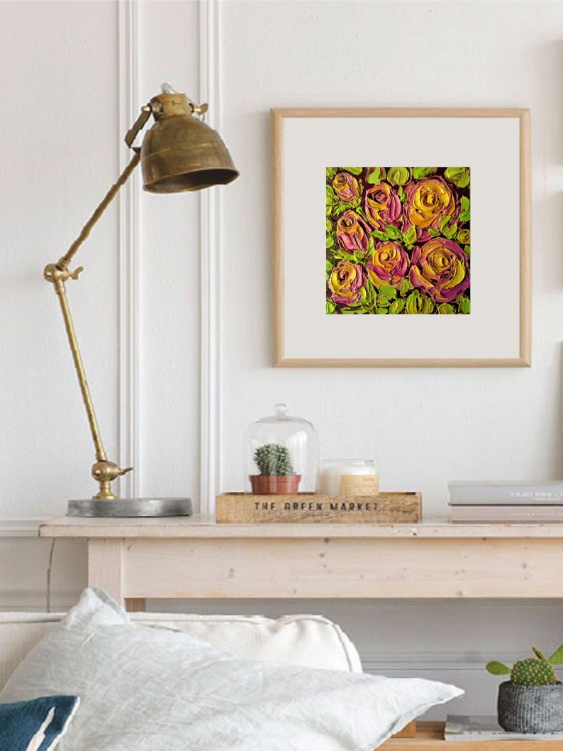 Yellow Pink Roses Oil Painting Original Yellow Rose Flower Wall Art