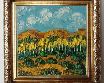New Mexico Fall Landscape Oil Painting Original: Autumn Aspens, Mesa Mountains, Framed Art 4x4”