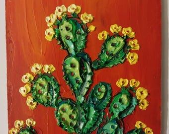 Pintura al óleo original de cactus de nopal: Arte en lienzo con técnica de impasto de Opuntia en flor del desierto del suroeste.