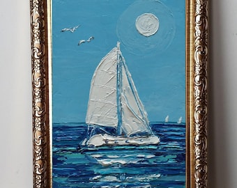 Framed Sailboat Oil Painting Original: Small Seascape Seagulls Sun Sky, Impasto Art 4x6”