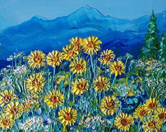 Pintura al óleo original de paisaje de margaritas amarillas: paisaje de flores silvestres de las Montañas Rocosas, arte empastado sobre lienzo
